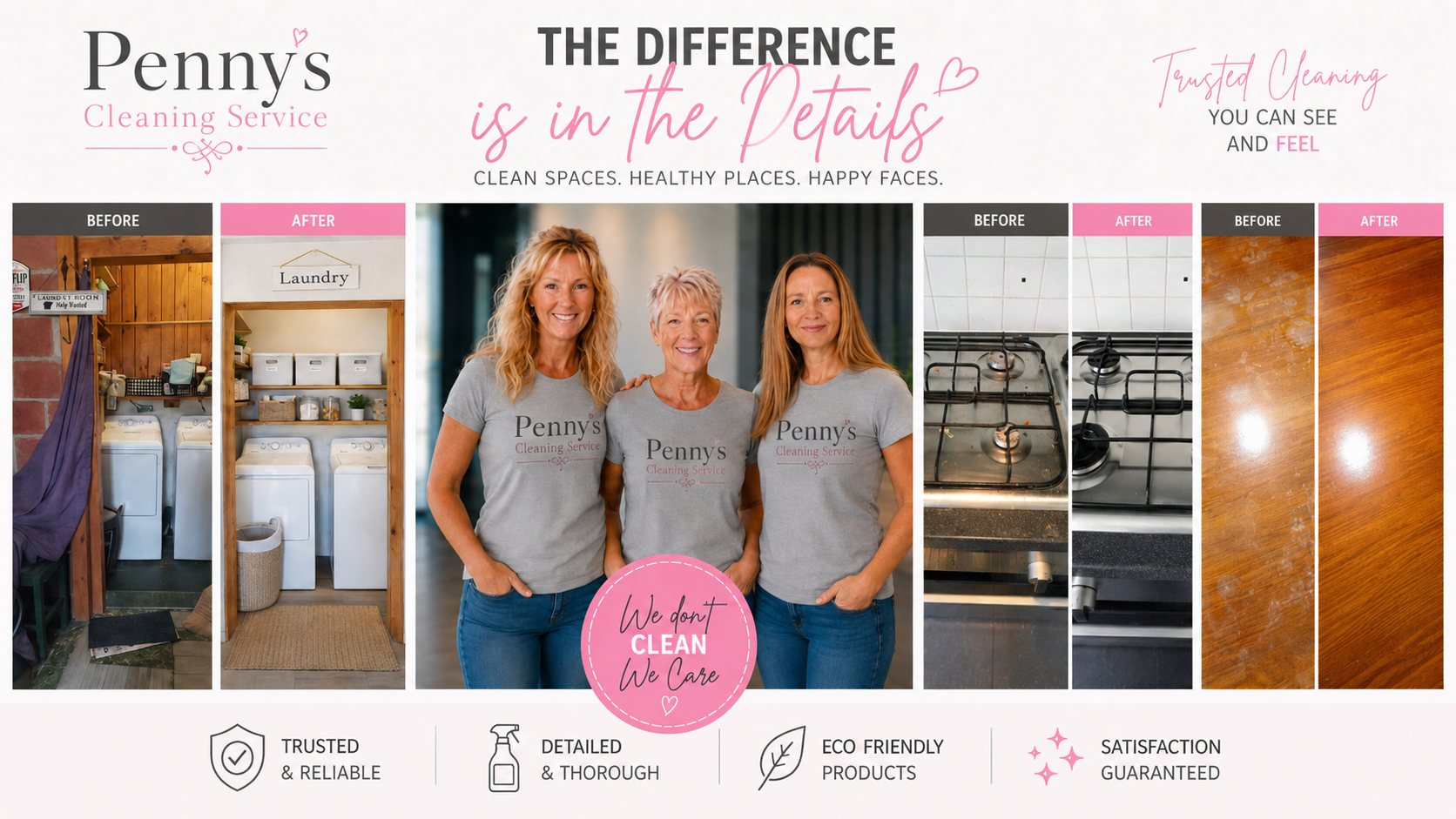 The Difference is in the Details — Penny's Cleaning Service before and after results showing laundry room, kitchen, and floors transformations, with the team and trust badges